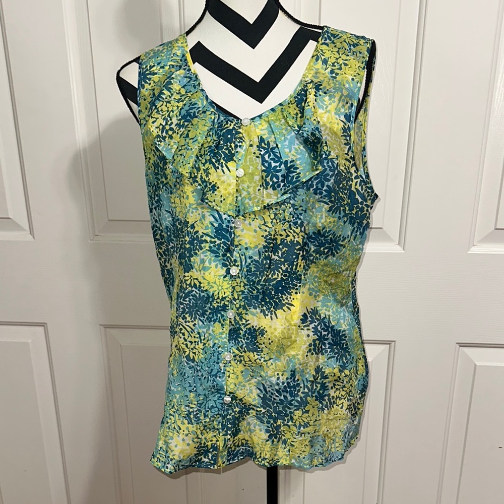 PENDLETON Blue and Yellow Ruffled Sleeveless Button Front Blouse